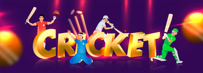 3D golden text Cricket with illustration of cricket players in different playing pose on shiny purple background for Cricket tournament header or banner design.