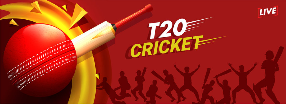 Live T20 Cricket Header Or Banner Design With Illustration Of Cricket Ball, Bat And Silhouette Of Cricket Players In Different Playing Pose.