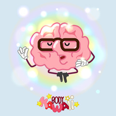 Kawaii cute cartoon character brain. Deep in meditation, focused and relaxed over rainbow glowing blobs, showing mudras, sitting. Vector illustration concept of brain power.