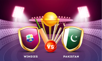 Banner or poster design, cricket tournament participant country Windies vs Pakistan with cricket bat, ball and champion trophy illustration on night stadium view background.