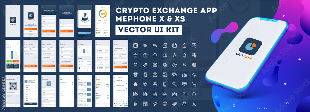 Sticker crypto app ui kit for responsive mobile app or website with different gui layout including login, cr