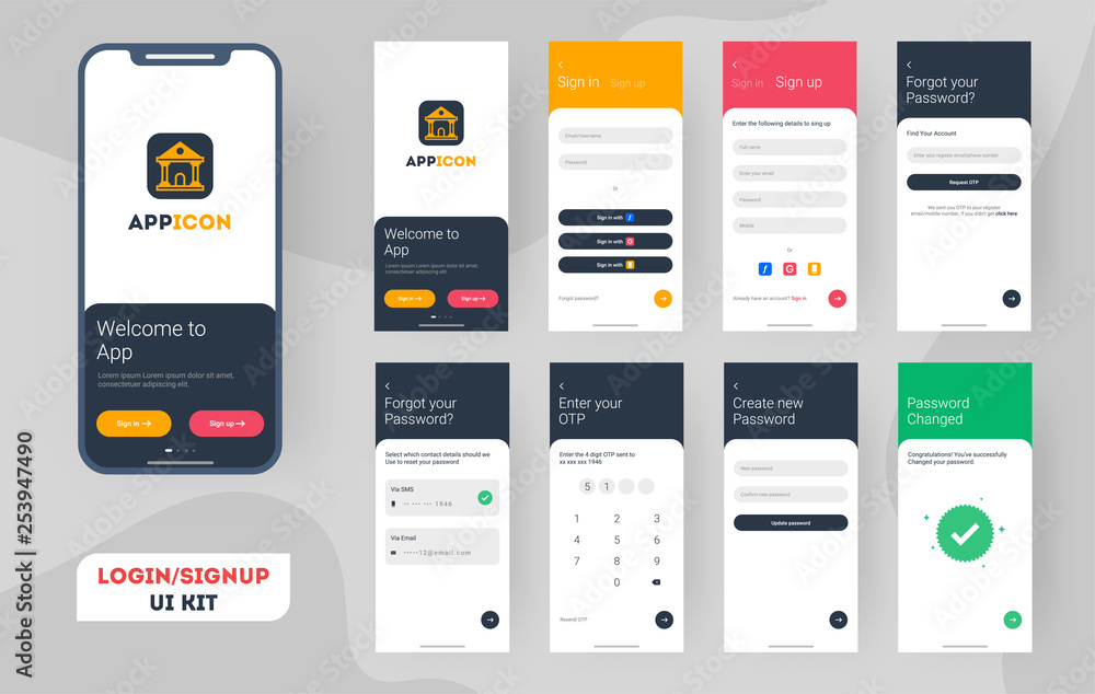 Poster set of mobile login screens with ui for applications including account sign in, sign up, and lock sc