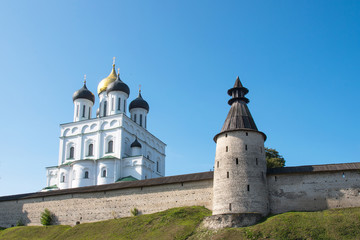 Panoramic view of Pskov Kremlin on the Velikaya river. Ancient fortress. The Trinity Cathedral in summer. Pskov. Russia