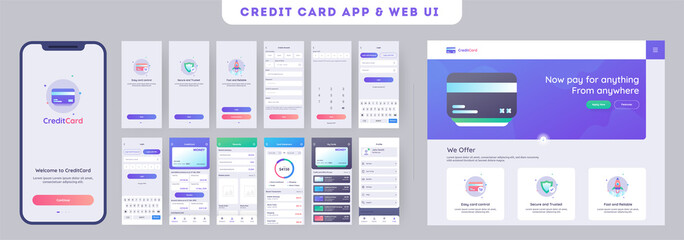 Online Payment or Credit cards app ui kit for responsive mobile app with website menu like as, credit cards uploading, saving, checking accounts and transaction confirmation. - obrazy, fototapety, plakaty