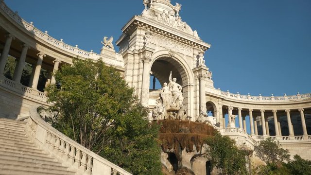 Palais Longchamp Marseille Facade with Fountain and Sculptures, France, 4K