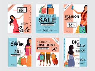 Set of template or poster design with different discount offers for Fashion Weekend Sale.