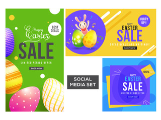 Easter Sale banner, poster or template design with realistic easter eggs and cute bunny illustration.