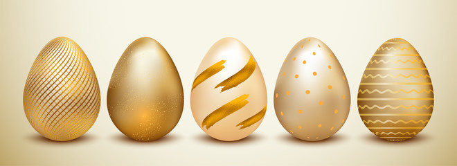 Set of glossy golden eggs in different print designs. Header or banner design.