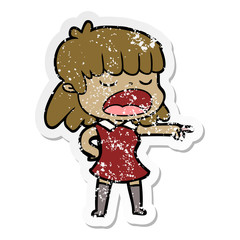 distressed sticker of a cartoon woman talking loudly