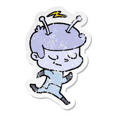 distressed sticker of a friendly cartoon spaceman running