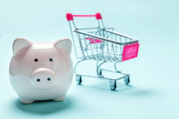 Sale buy mall market shop consumer saving and budget concept. Small supermarket grocery push cart for shopping with piggy bank isolated on blue pastel colourful trendy background
