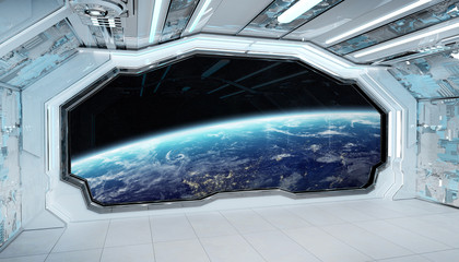 Obraz premium White blue spaceship futuristic interior with window view on planet Earth 3d rendering