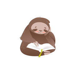 Cute sloth sitting and reading book with interest. © sabelskaya