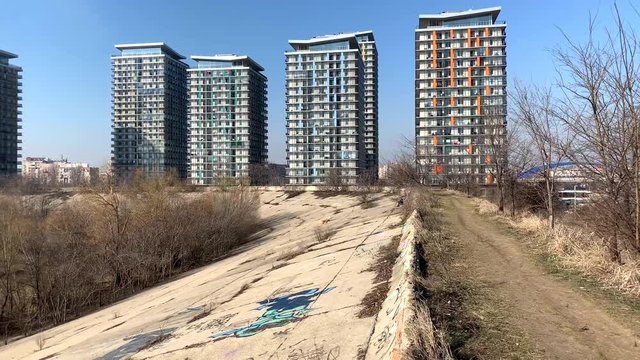 Perspective of the buildings near Vacaresti lake in Bucharest, Romania
