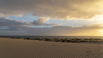 Fototapeta na wymiar Sunrise at Corralejo sand dunes, Fuerteventura