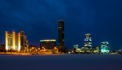 Colorful cityscape of Yekaterinburg at winter night with bright lights
