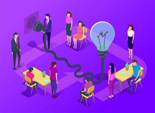 People work in a team and achieve the goal. Isometric vector illustration.