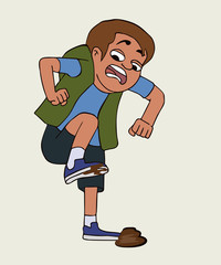cartoon boy with scared face expression and raised leg stepped in poop