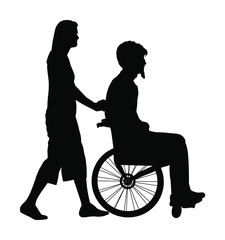 Woman assistant disabled man in wheelchair vector silhouette isolated on white. Injured person with help . Health care activity after hospital treatment. traffic accident victim. Invalid boy and nurse