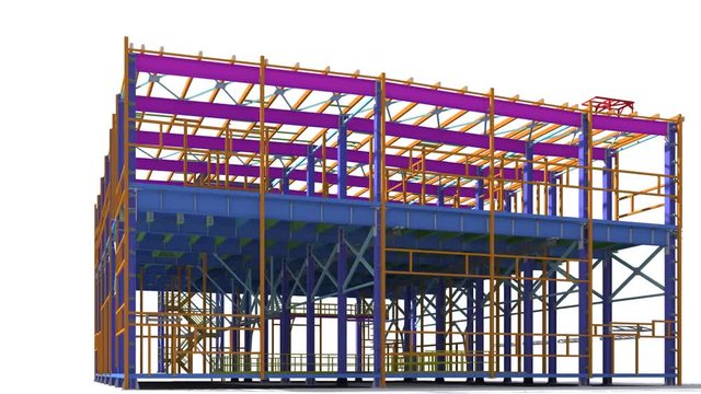 Building Information Model of metal structure. 3D BIM model. The building is of steel columns, beams, connections, etc. 3D rendering. Engineering, industrial, construction BIM background.