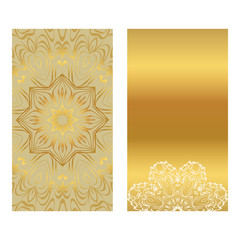 Card Template With Floral Mandala Pattern. Business Card For Fitness Center, Sport Emblem, Meditation Class. Vector Illustration. Gold color