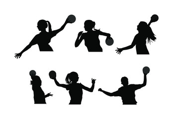 Girl handball player in action with ball vector silhouette illustration isolated on white. Woman handball player shoots a penalty. Female sport figure shadow symbol. Handball lady jumping in the air.