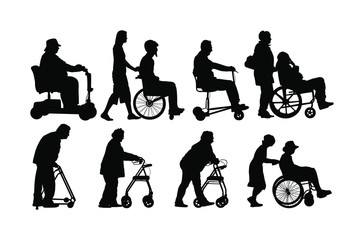 Mature woman pushing strolling with disabled man patient in wheelchair vector silhouette. Patient in wheelchair isolated on white. Nurse support injured man. Hospital paramedic Social worker activity.