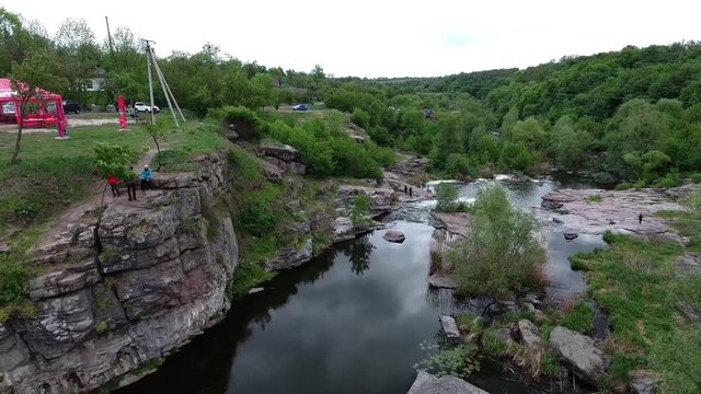Ukrainian canyon in the village of Buki bird's-eye view. Drone removes from the height of the canyon of the Buka River, white cliffs, meadows, trees.