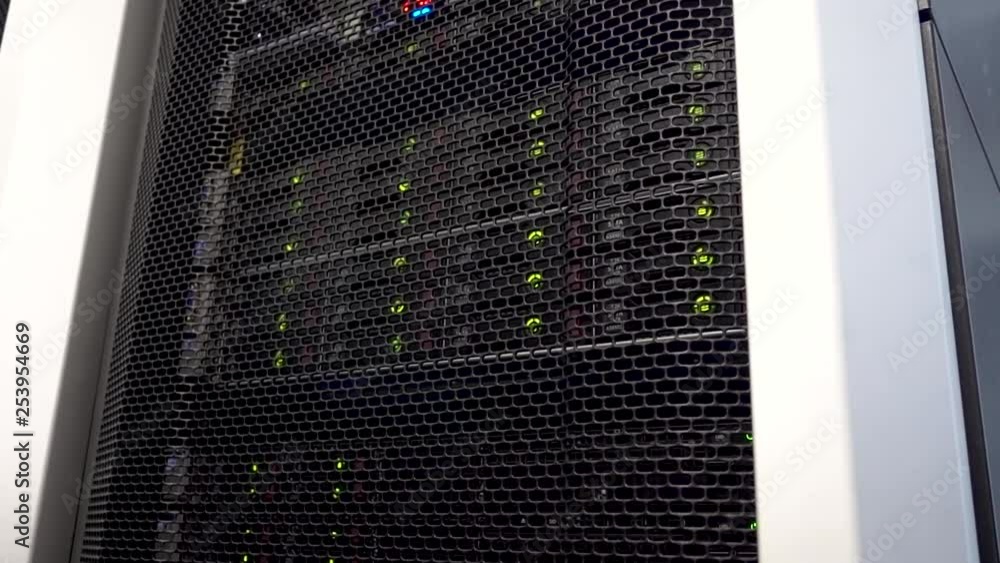 Poster operation data storage tower with green indicators. data center big data.