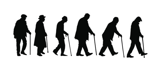 Elderly seniors walking crowd vector silhouette isolated on white. Old man person with stick. Mature old people active life. Grandfather veterans company. Health care in nursing home. Senior meeting.