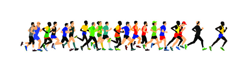 Fototapeta na wymiar Group of marathon racers running. Marathon people vector illustration. Healthy lifestyle women and man. Traditional sport race. Urban runners on the street. Team building concept Worming up, work out