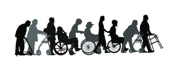 Mature woman pushing strolling with disabled man vector silhouette. Patient in wheelchair isolated on white. Nurse support injured person. Hospital patient with walker rehabilitation recovery activity
