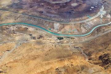 Dead Sea, ISRAEL - February 28, 2019: Flying over the salty Dead Sea of Israel.