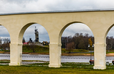 Arches in Velikiy Novgorod, background St. Sophia Cathedral, Russia