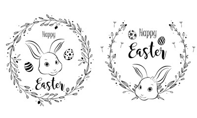 Happy Easter bunny with floral wreath frame, hand drawing style. Vector Illustration