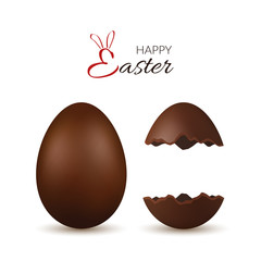 Easter egg 3d. Chocolate brown whole and broken eggs set, isolated white background. Traditional sweet candy, decoration Happy Easter celebration. Design element spring holiday. Vector illustration