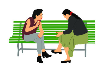 Women gossip at the break. Senior lady friends sitting on bench and talking in public park. Neighbors spread rumors vector illustration. Backbite mature girls. Outdoor relaxation. Mothers speak about.