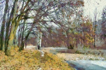 Oil digital paintings landscape, fine art, road in the forest