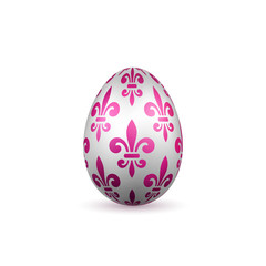 Easter egg 3D icon. Color egg, isolated white background. Flower fleur de lis design, decoration for Happy Easter celebration. Royal lily element. Holiday pattern. Spring symbol. Vector illustration