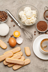 Ingredients for cooking tiramisu - Savoiardi biscuit cookies, mascarpone, cream, sugar, cocoa, coffee and egg