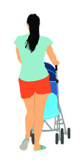Woman with baby and pram vector isolated on white background, baby carriage. Young mother walking with little child in baby stroller. Mom push baby trolley silhouette. Outdoor family.