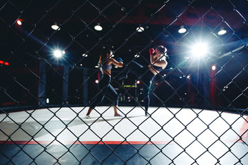 Training Boxing young women in ring mma octagon cage
