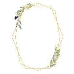 Watercolor greenery olive frame in green and gold colors. Frame, border, background.
