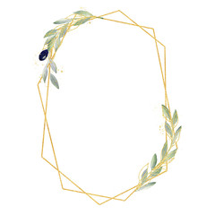 Watercolor greenery olive frame in green and gold colors. Frame, border, background.