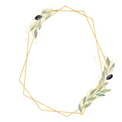 Watercolor greenery olive frame in green and gold colors. Frame, border, background.