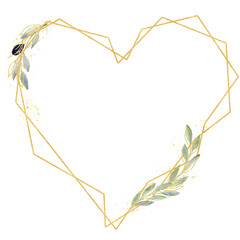 Watercolor greenery olive frame in green and gold colors. Frame, border, background.