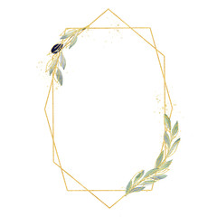 Watercolor greenery olive frame in green and gold colors. Frame, border, background.