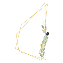 Watercolor greenery olive frame in green and gold colors. Frame, border, background.