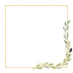 Watercolor greenery olive frame in green and gold colors. Frame, border, background.