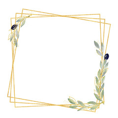 Watercolor greenery olive frame in green and gold colors. Frame, border, background.